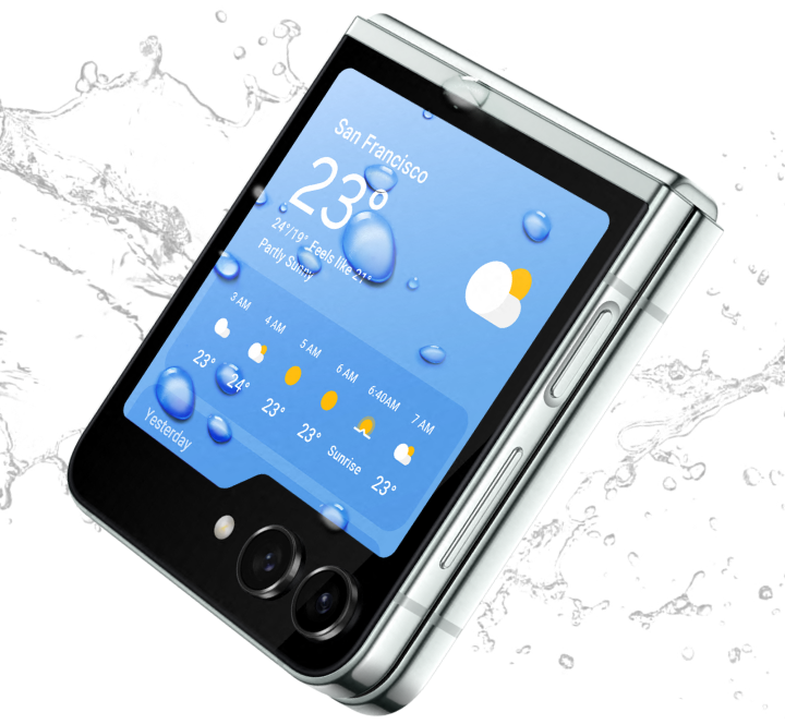 A Galaxy Z Flip5 covered in water droplets