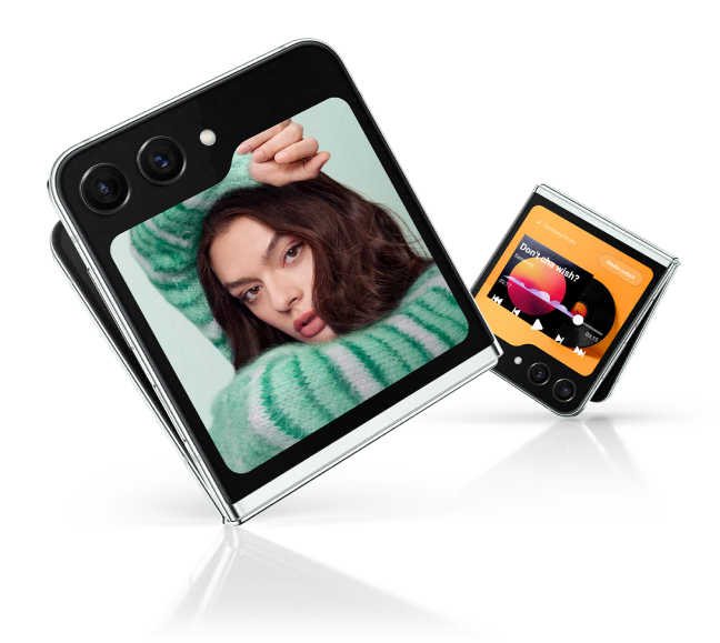 2 Flip5 phones with screenshots on their cover screens showing a music app and portrait of a woman in a colourful sweater