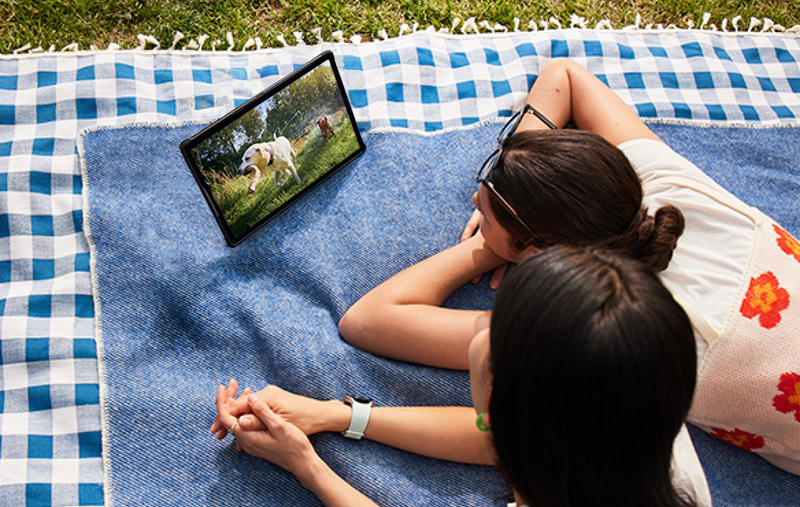 Two people laying on a picnic blanket watching a video outdoors on their Galaxy Tab S9+ of two dogs running outside