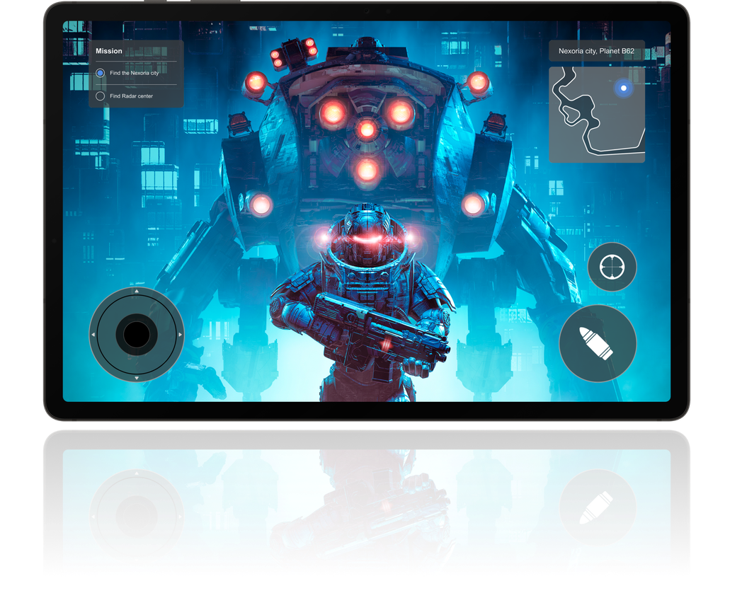 Bright video game footage on a Galaxy Tab S9+ of a man in spacesuit standing infront of a mech-suit