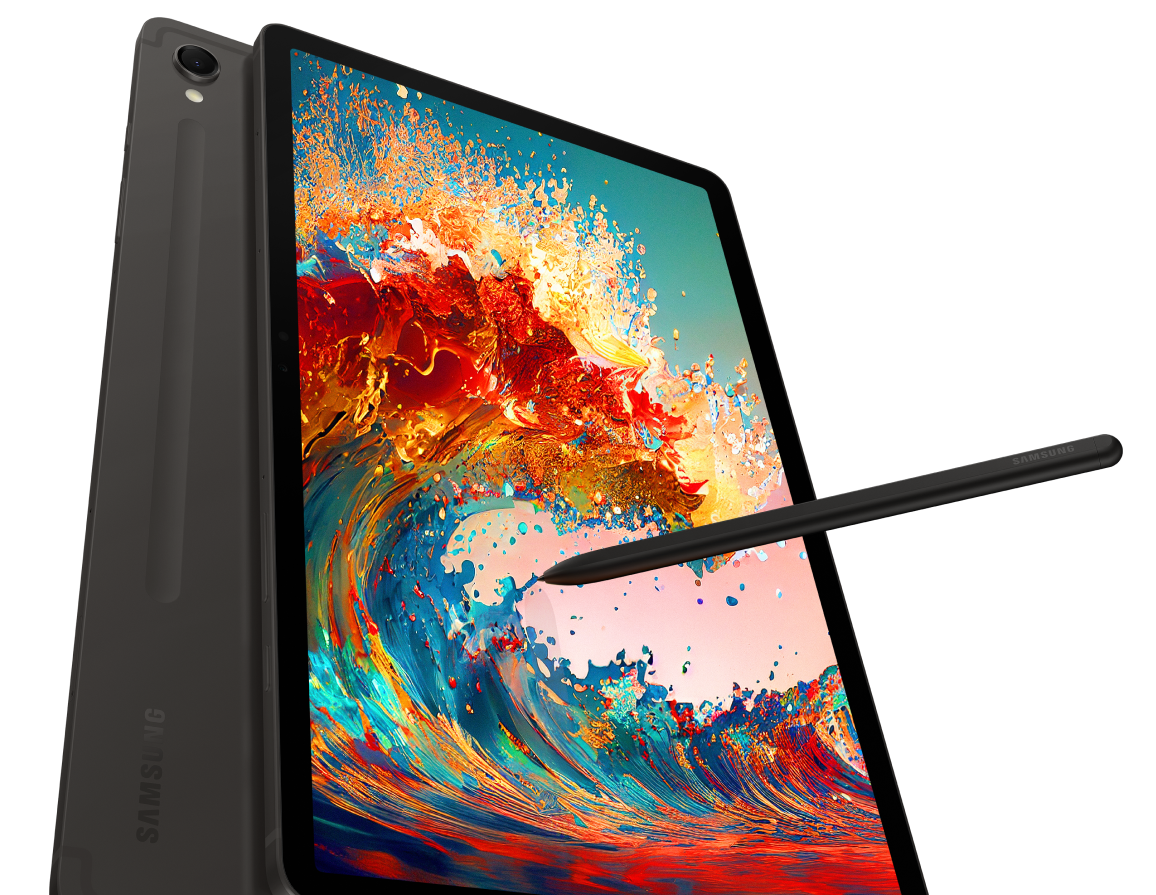 Galaxy Tab S9 with S Pen displaying a colourful illustration of a breaking wave