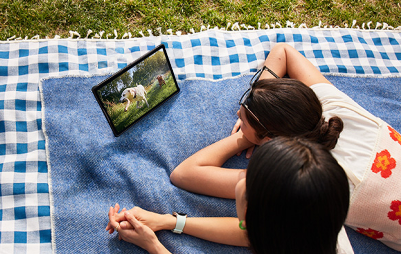 Two people laying on a picnic blanket watching a video outdoors on their Galaxy Tab S9 of two dogs running outside