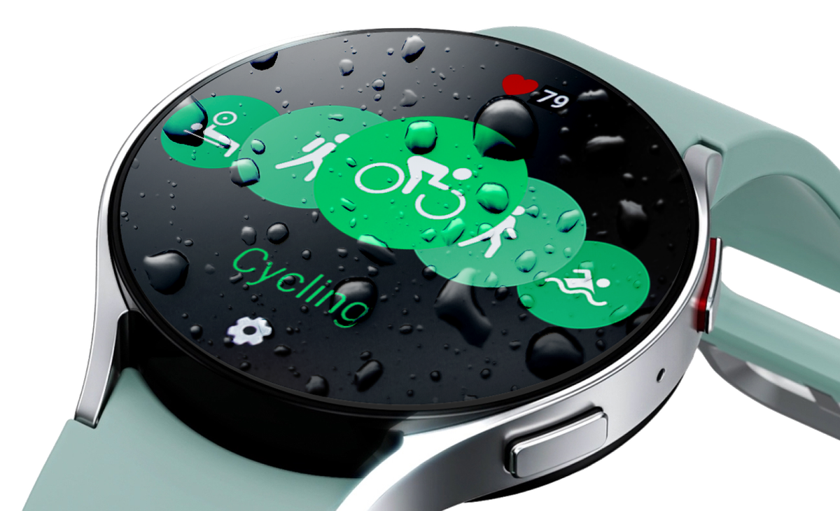 Watch6 with water droplets on the screen showing the different activities available