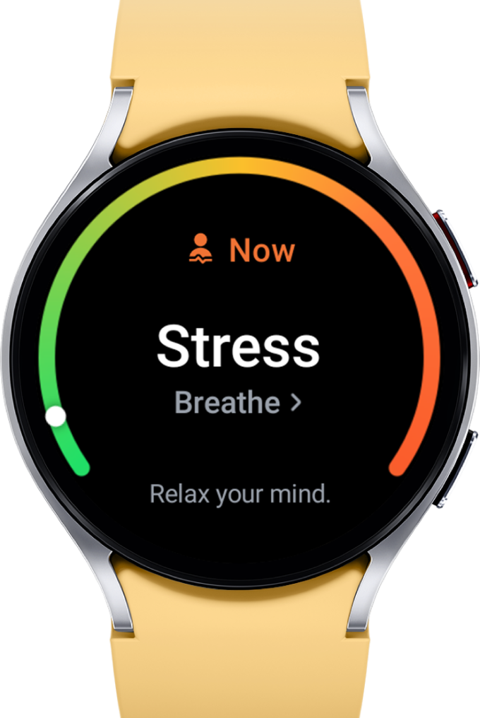 Watch6 with yellow strap showing a stress level app reminding a user to breathe