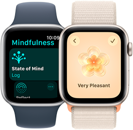 Two Apple Watch SE models. One displays the Mindfulness app screen with State of Mind highlighted. The other displays “Very Pleasant” state of mind selection.