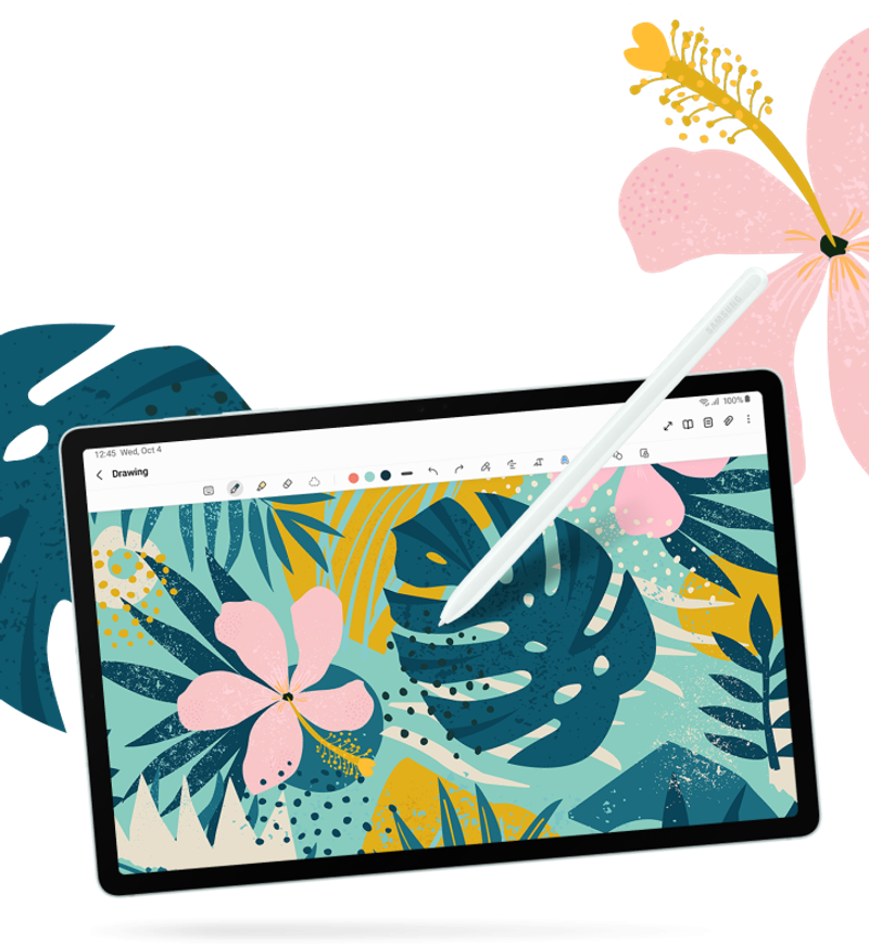 Tab S9 and S Pen floating over the screen, the pen is drawing a pink flower & a green leaf in a flowery background.