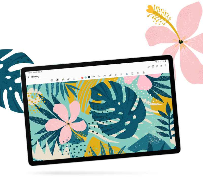 Tab S9 and S Pen floating over the screen, the pen is drawing a pink flower & a green leaf in a flowery background.