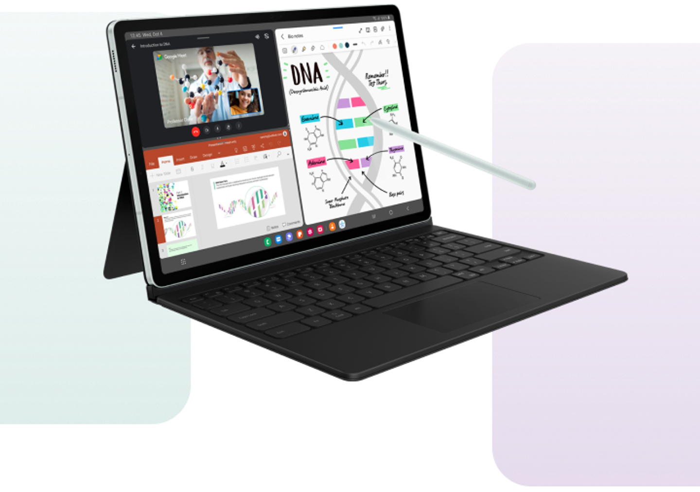 Tablet sitting on the foldable case showcasing the S Pen drawing on a a screen with multiple windows.
