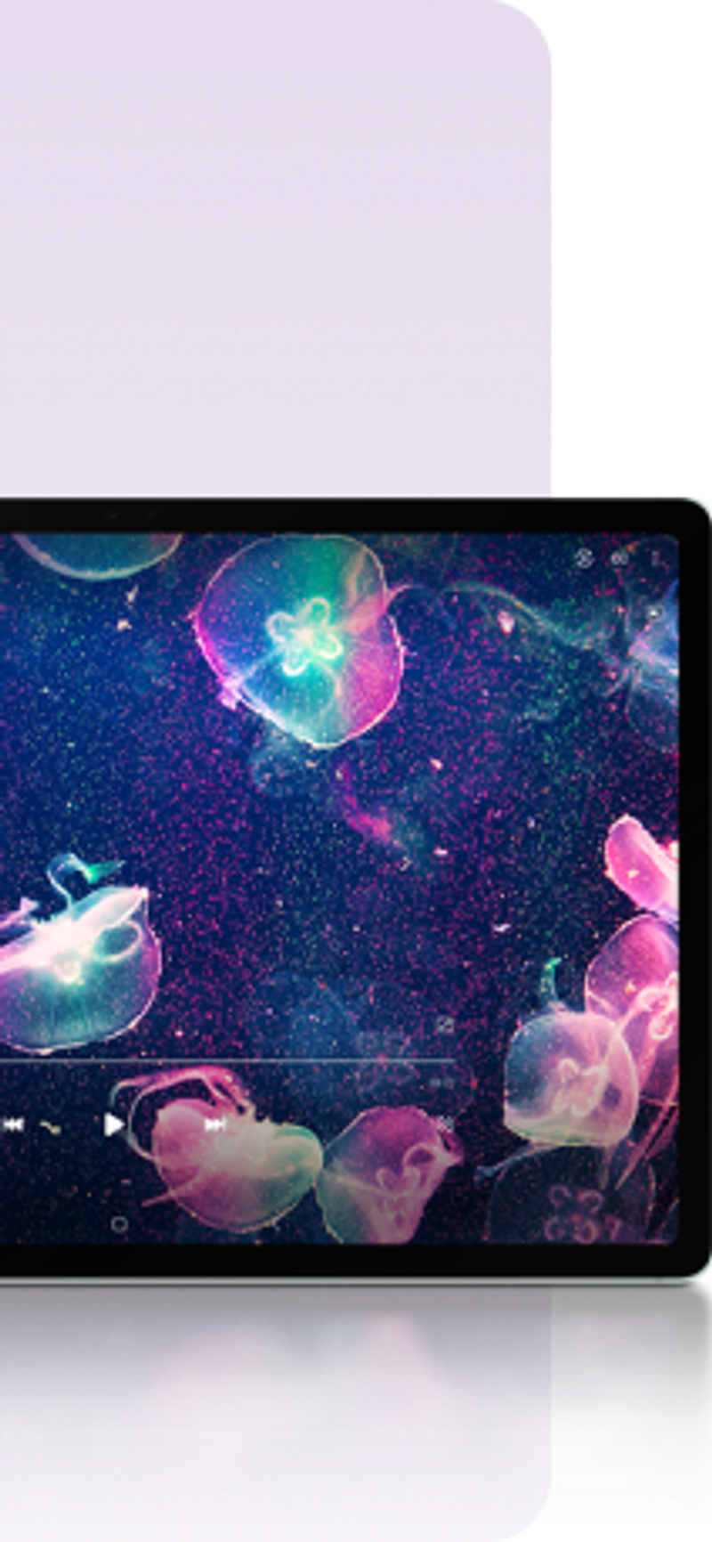 Galaxy Tab with a picture of jellyfishes on a galaxy background.