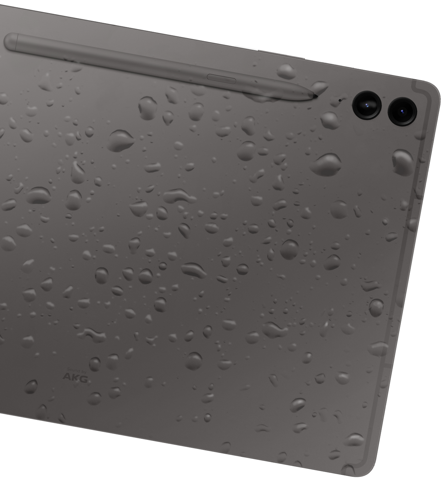 The back of Galaxy tablet covered in water droplets.