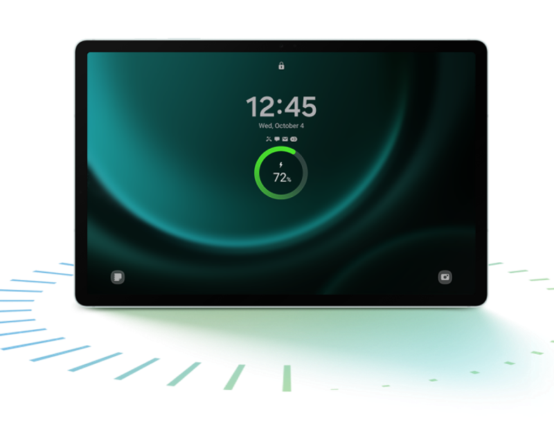 Photo of the Galaxy S tablet with the lock screen menu on display showing the time, notifications & battery.