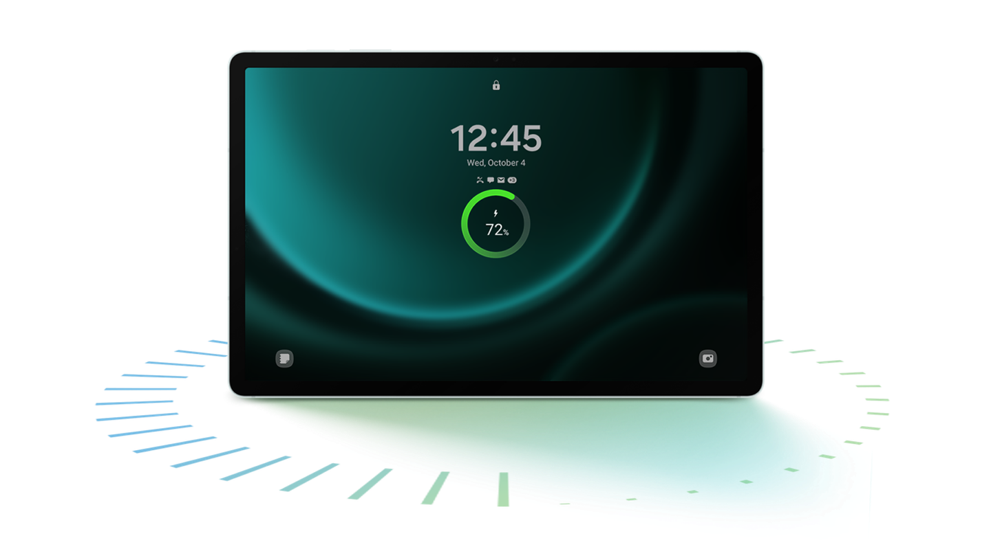 Photo of the Galaxy S tablet with the lock screen menu on display showing the time, notifications & battery.