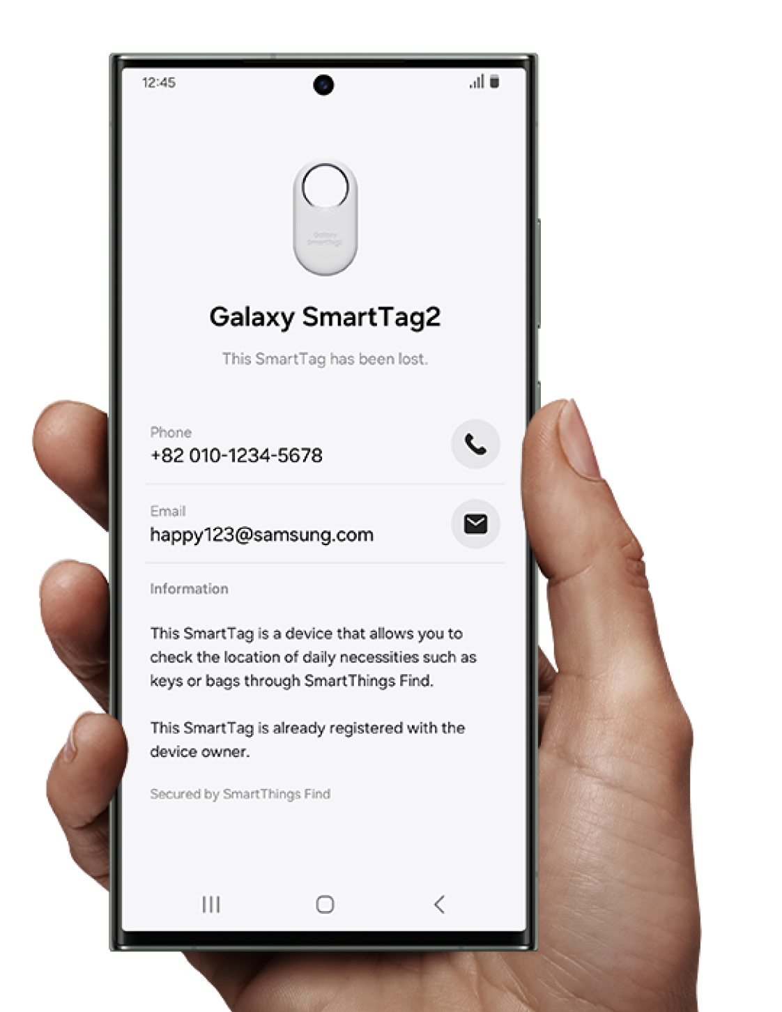 a hand holding a phone with the smart tag app