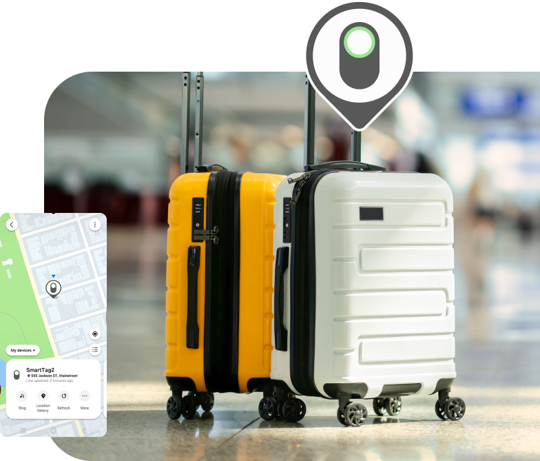 two suitcases in an airport with a smart tag attached being shown location on a map
