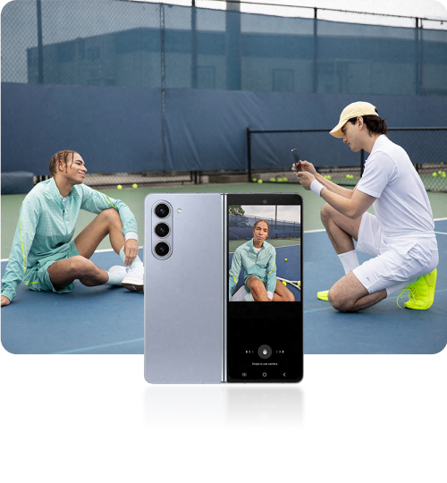 A person taking a photo of another person sitting on a tennis court & a photo of zfold5 with a selfie of a person 